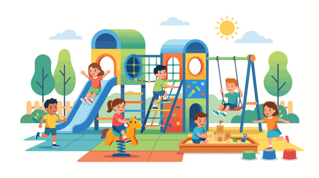 Group of diverse happy children playing on playground equipment.