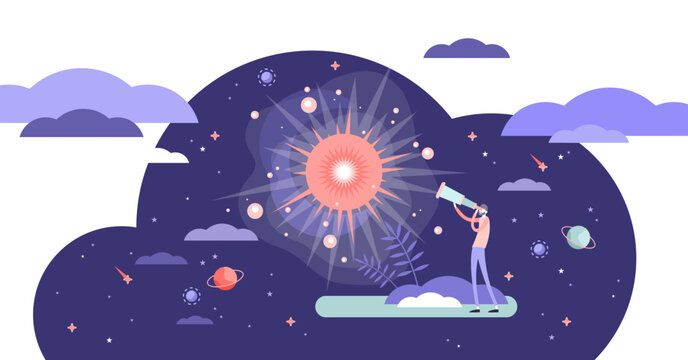 Big bang theory exploration flat tiny person concept illustration, transparent background.Looking in telescope to the history of universe.Science facts and knowledge data.