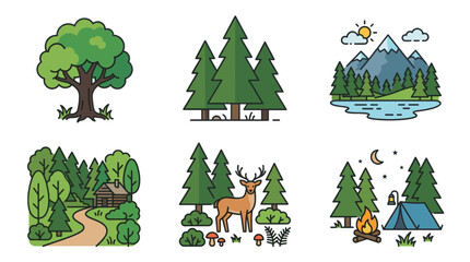 Fototapeta premium Forest Nature and Camping Flat Vector Icon Set