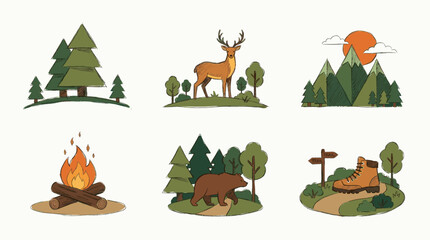 Fototapeta premium Forest Nature and Camping Flat Vector Icon Set