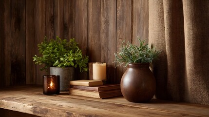 Fototapeta premium A rustic arrangement featuring potted plants candles and stacked books on a warm wooden surface creating a cozy and natural atmosphere
