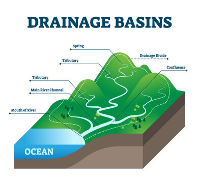 Drainage basins illustration, transparent background. Labeled educational rain water scheme. Geological precipitation collection structure with spring, tributary, main river channel.