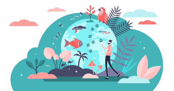 Biodiversity illustration, transparent background. Flat tiny various wildlife persons concept. Mammals, birds, fishes and fauna life endangered conservation and retention.