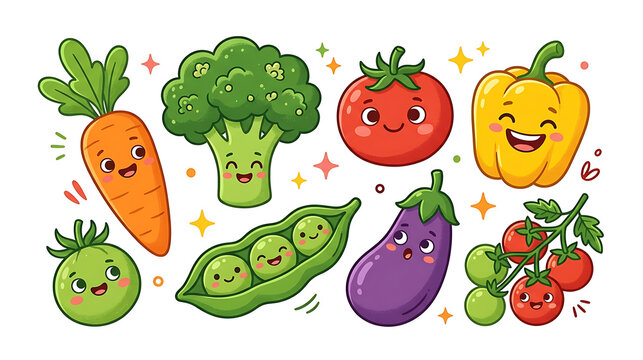 Collection of cute kawaii vegetables with smiling faces bell pepper food art