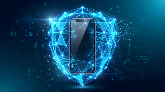 Digital Shield: A modern smartphone is encased within a glowing, protective digital shield, symbolizing cybersecurity and data protection.
