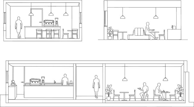 Modern Cafe Interior Architectural Section Views Featuring Coffee Bar Counter Seating Areas Furniture and People in Minimalist Outline Style