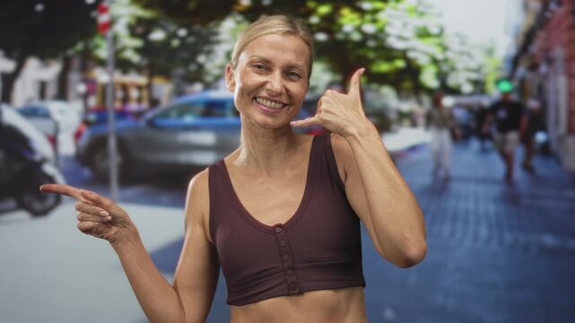 Woman pointing with hand and showing call gesture on a busy street, wearing a sportsbra and smiling broadly; cheerful confidence.