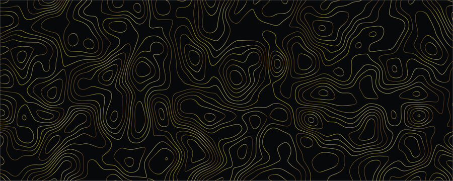 Golden topographic map contour lines pattern on a solid black background featuring flowing organic shapes and concentric circular forms representing elevation data or geological terrain mapping