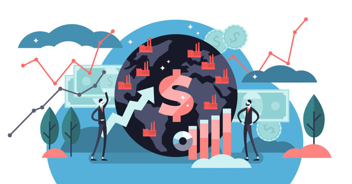 Macroeconomics illustration, transparent background. Flat tiny finance chart persons concept. Global GDP money budget graph. Positive whole stock capital income rate.