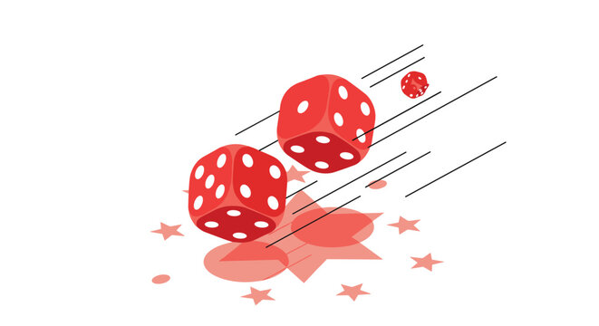 Pair of red gambling dice with white pips rolling through air symbolizing luck chance and casino gaming entertainment events.