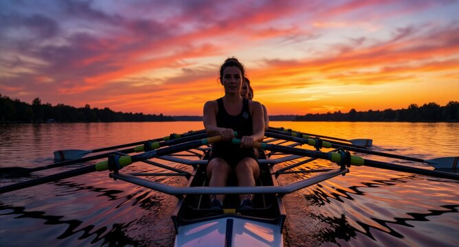Female athlete rowing a boat on a calm lake at sunset