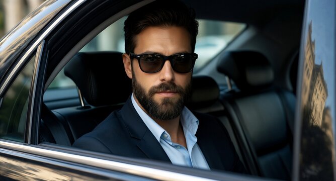 Successful businessman wearing sunglasses sitting in the back seat of a luxury car