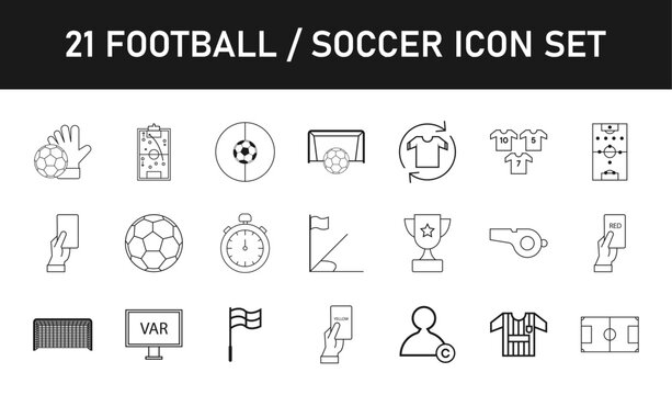 21 Football Soccer Line Icon Set. Outline Sports Vector Collection