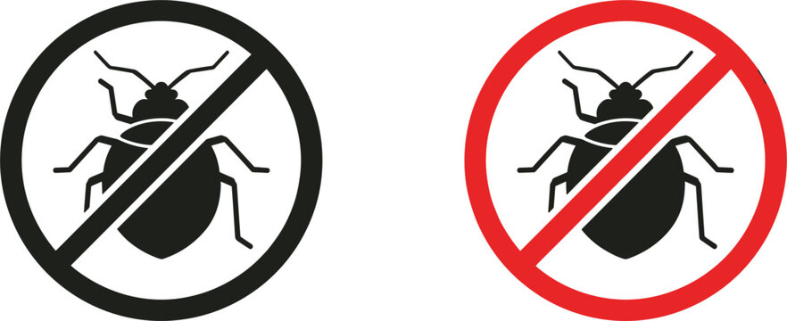 No Bug Prohibition Sign Icon Set in Black and Red for Pest Control, Insect Warning, and Extermination Service Designs