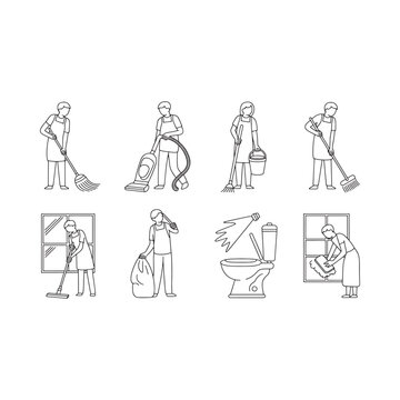 Line drawing of people performing various household cleaning tasks isolated