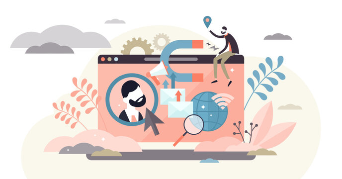Buyer persona illustration, transparent background. Customer profile representation in tiny persons concept. Ideal consumer profile based on real client information research. Common demographics, sex.