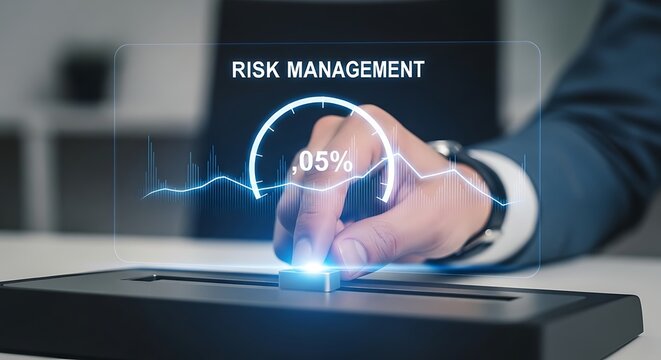 Risk Management Concept with Futuristic Interface and Businessmans Hand.