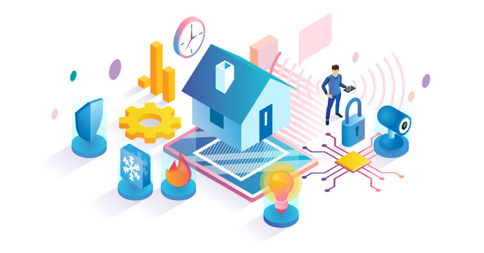 Smart home isometric illustration, transparent background. Automated house system management set. Remote AI security, electricity, heating, conditioning.