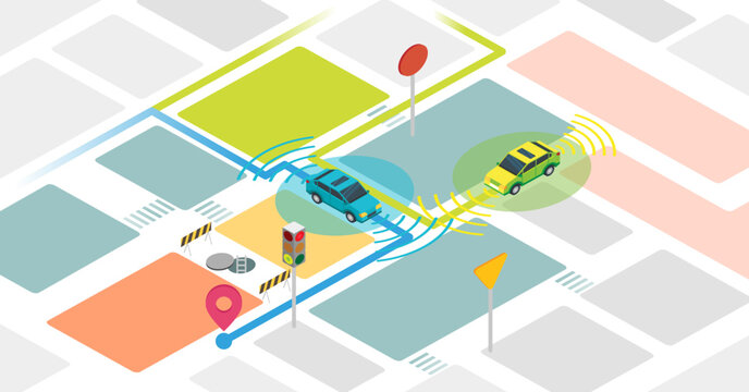 Self driving cars illustration, transparent background. Example with self driving vehicles. Smart and intelligent autonomous transport to reach destination safe without driver and control.
