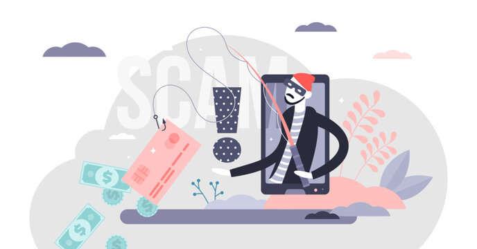 Scam illustration, transparent background. Hacker fraud alert in flat tiny persons concept. Money and credit card information stealing with data phishing.