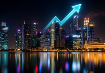 Naklejka premium Upward blue arrow over night city skyline representing financial market growth and success