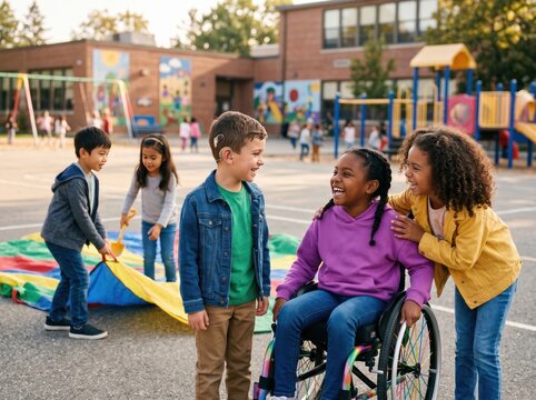 Diverse group of happy children playing together on a school playground, including a child in a wheelchair, symbolizing inclusion and friendship