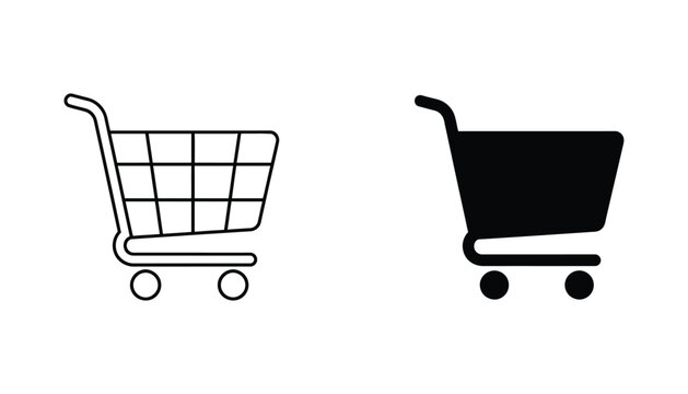 Modern shopping cart icon set with clean line art and solid black fill for retail e-commerce website buttons and mobile application store interface elements isolated on white background