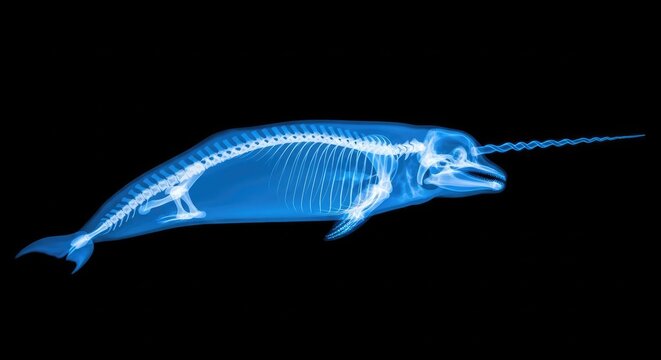 Blue X Ray Narwhal Skeleton Glowing Against Black Background