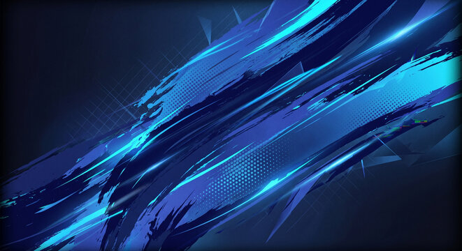 Vibrant blue streaks radiate diagonally across a dark canvas