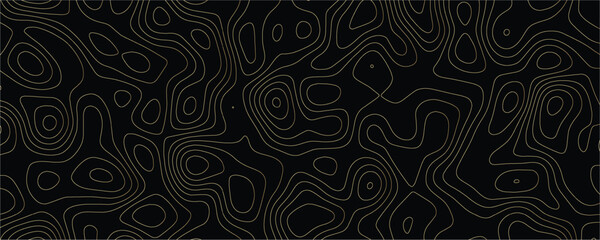 Topographic map pattern with thin gold contour lines on a solid black background featuring organic flowing shapes and irregular concentric loops representing elevation data or geological terrain © VxGFX