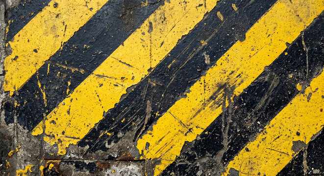 A close-up view of a worn road with yellow and black hazard stripes