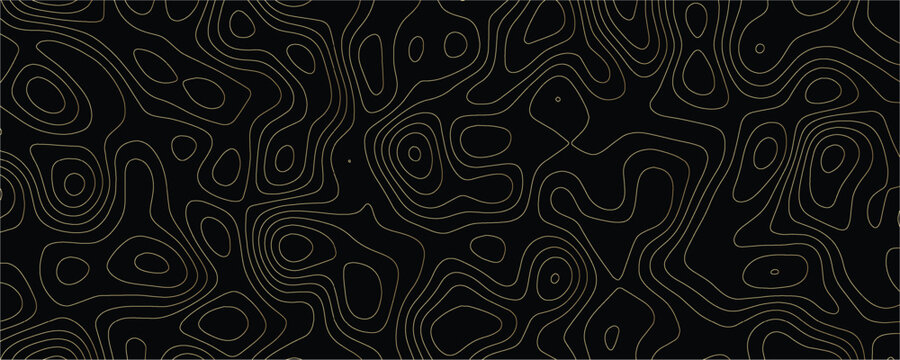 Topographic map pattern with thin gold contour lines on a solid black background featuring organic flowing shapes and irregular concentric loops representing elevation data or geological terrain