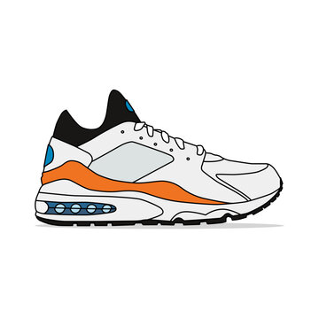 Lifestyle illustration of white, orange, and black sneakers, isolated on a white background. Suitable for commercial purposes.