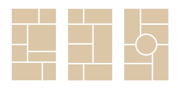 Image collage layout template. Beige mosaic mood board grid collection. Picture frame set. Photo album idea for banner, poster, comic page, flyer, brochure, booklet, memory wall design. Vector pack