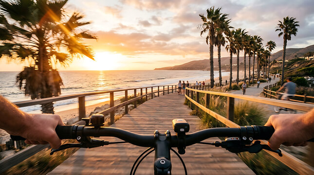POV cycling at seaside during sunset summer holiday beautiful view