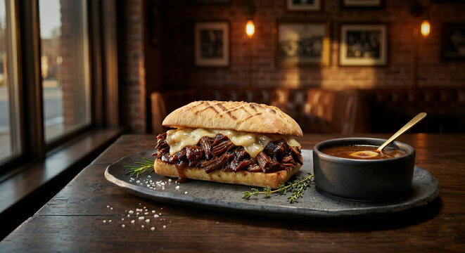 A sophisticated product photograph for a modern gastropub. A French Dip featuring shredded braised oxtail and melted Gruy&egrave;re on a toasted ciabatta roll, served with a concentrated bone-marrow jus.