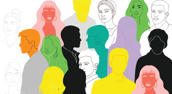 Diverse group of people in various colors and styles illustration crowd