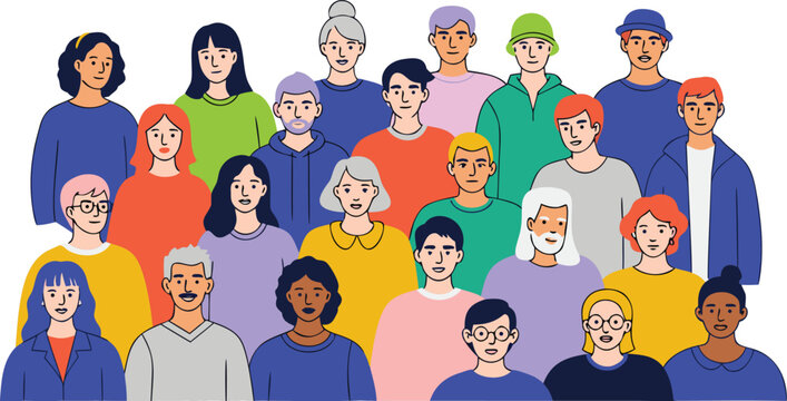 Diverse group of people illustration with various ethnicities and ages standing together in a crowd with colorful clothing and hairstyles