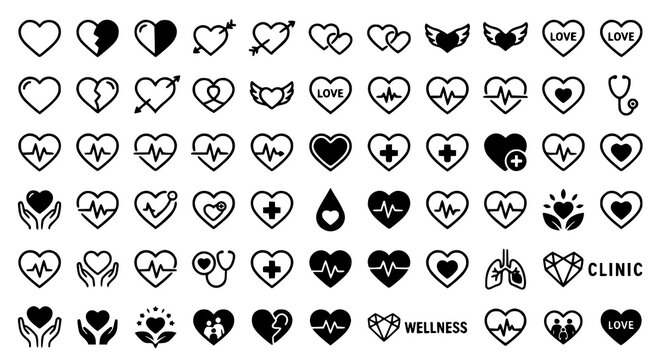 Heart icon vector set with medical heartbeat cardio and romantic love symbols