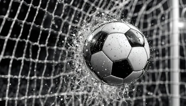 Black and white soccer ball crashing into a goal net with dramatic ink splash effects, capturing intense motion, impact, and dynamic sports energy on a clean background