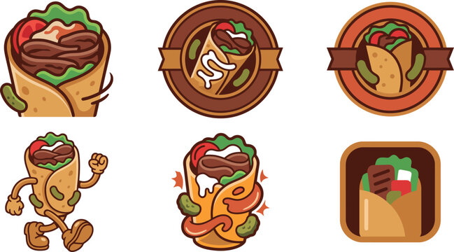 Cartoon illustrations of various shawarma wraps and labels with food