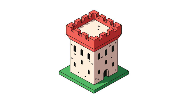 Classic medieval castle tower with red battlements and small windows standing on a green grass square over a white background.