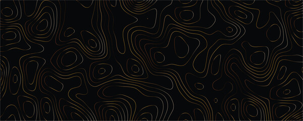 Thin gold contour lines forming a topographic map pattern on a solid black background representing elevation data and geographic terrain mapping © VxGFX