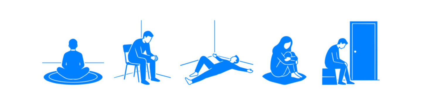 Collection of blue minimalist silhouettes representing mental health, depression, and isolation. Five figures in states of loneliness, meditation, and vulnerability on a white background.