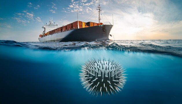 spiked naval mine floating in path of large cargo ship concept of maritime security threats and shipping lane hazards in open ocean
