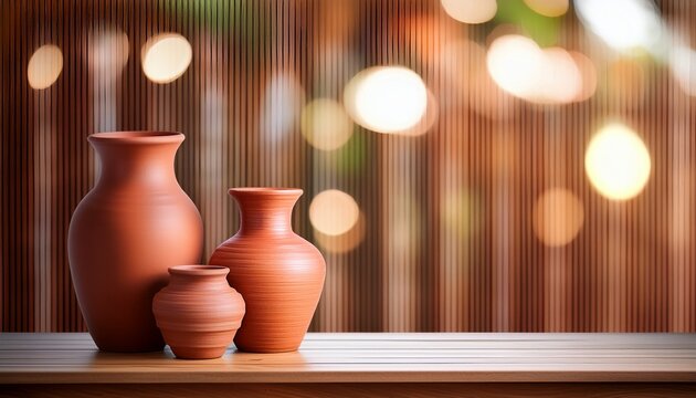 terracotta vases on wooden table with soft bokeh and slatted background for interior design poster card decor mockup bonalu