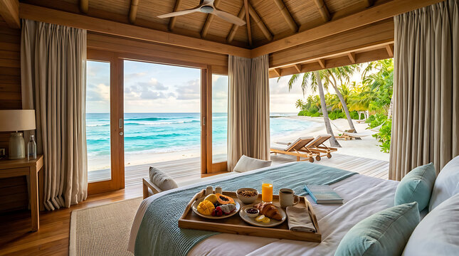 Relaxing view inside a beachfront bungalow with visible turquoise ocean waves in front, breakfast tray on bed, cozy summer holiday