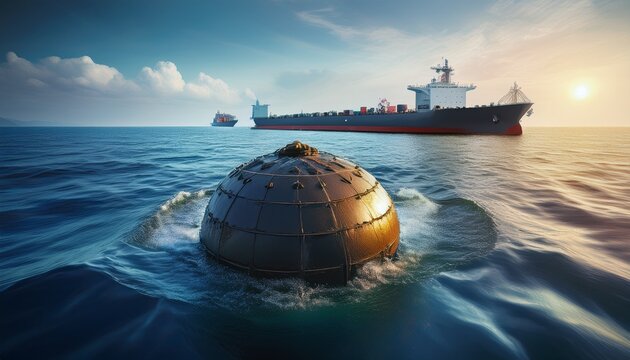 sea mine floating in shipping lane with bulk carrier in background concept of maritime security threats and naval warfare