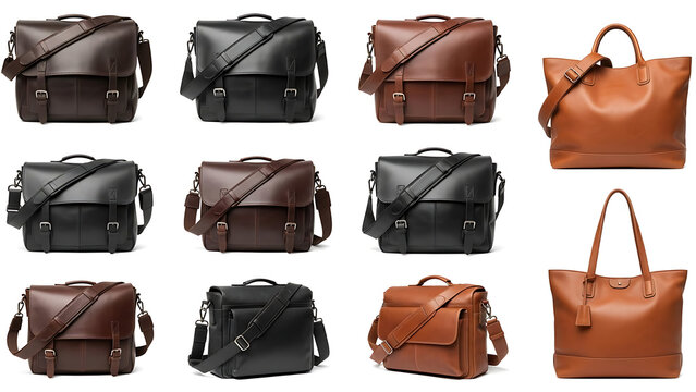 Leather messenger bags and tote bag collection on white background high-quality professional detailed modern elegant stylish clean crisp vibrant colorful