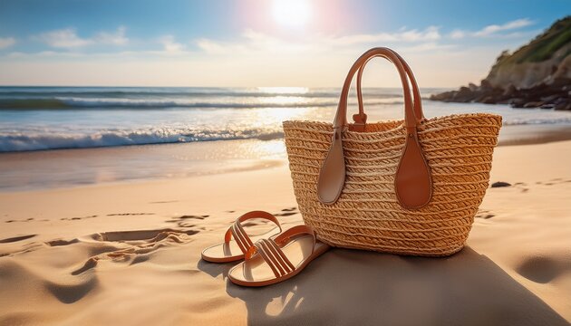 straw tote and tan sandals on beach concept sunlit beach with stylish bag and sandals on golden sand